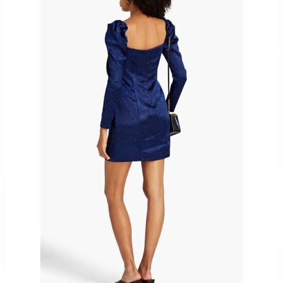 Samsøe Samsøe Nomie Gathered Textured Satin Mini Dress Size Large Navy Blue - Picture 3 of 9